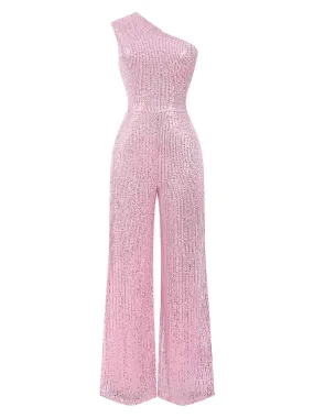 1930s One Shoulder Glitter Solid Jumpsuit