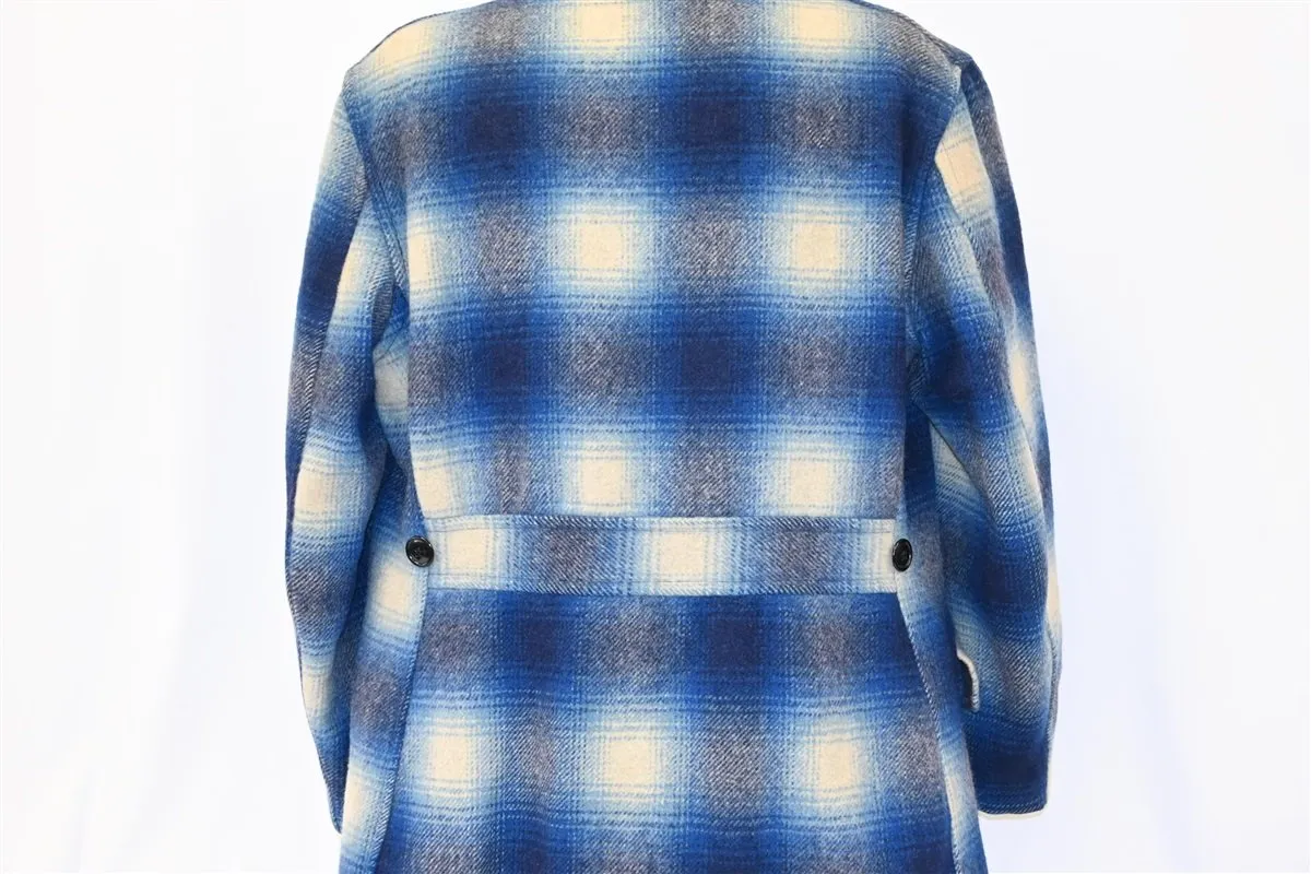 50s Blue Shadow Plaid Belted Wool Pea Coat Large