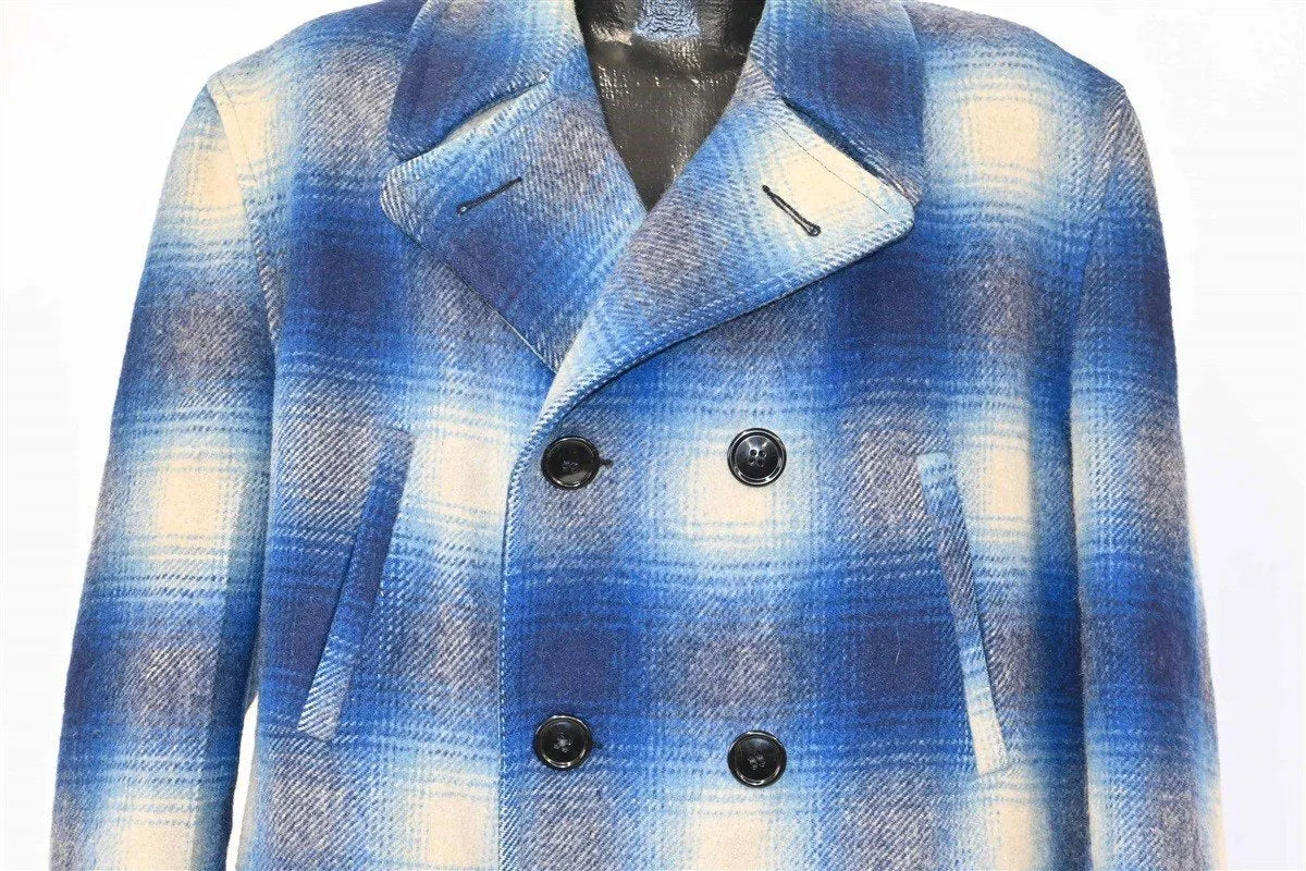 50s Blue Shadow Plaid Belted Wool Pea Coat Large