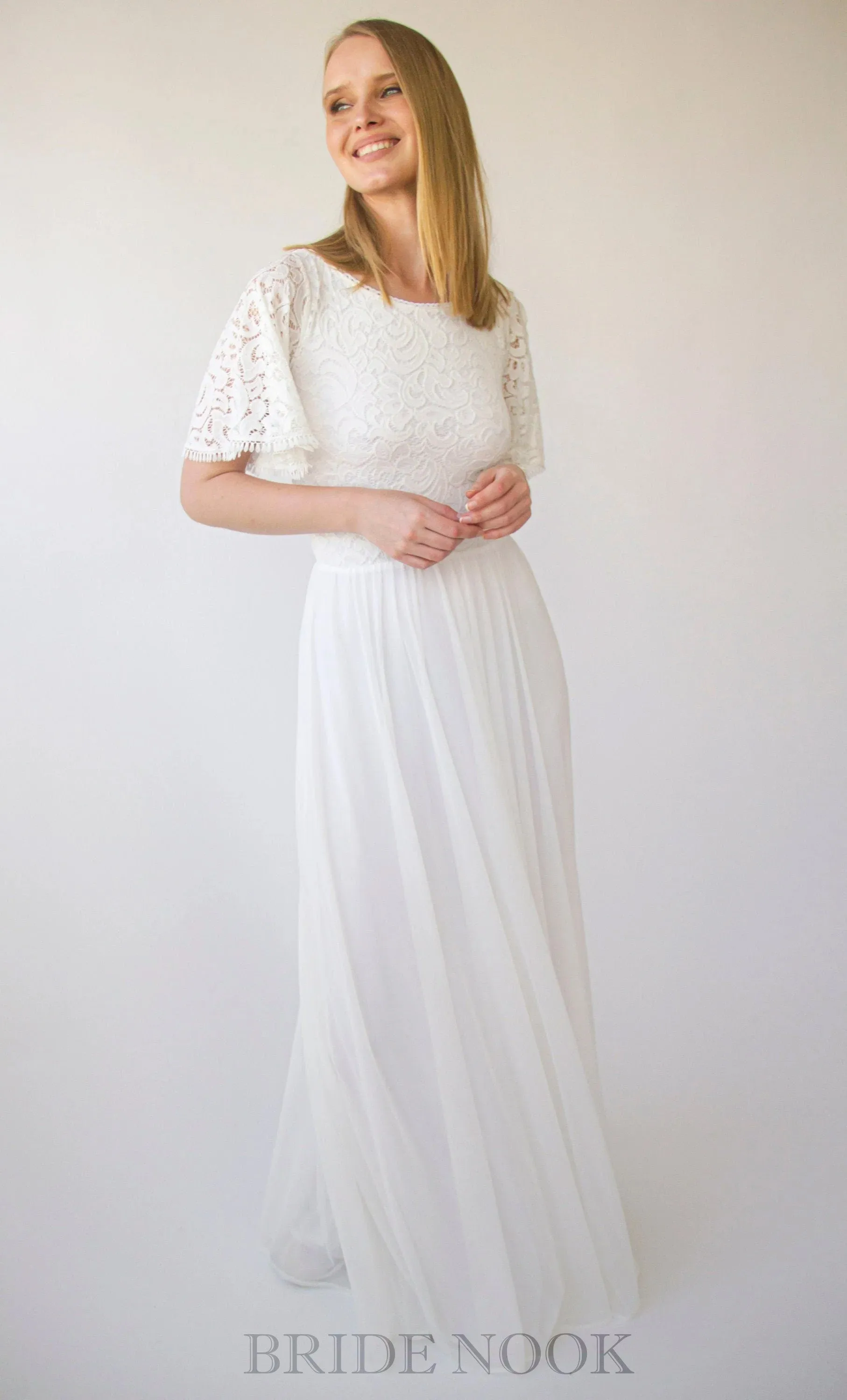 A Line Boho Lace Wedding Dress With Short Sleeves & Chiffon Maxi Skirt