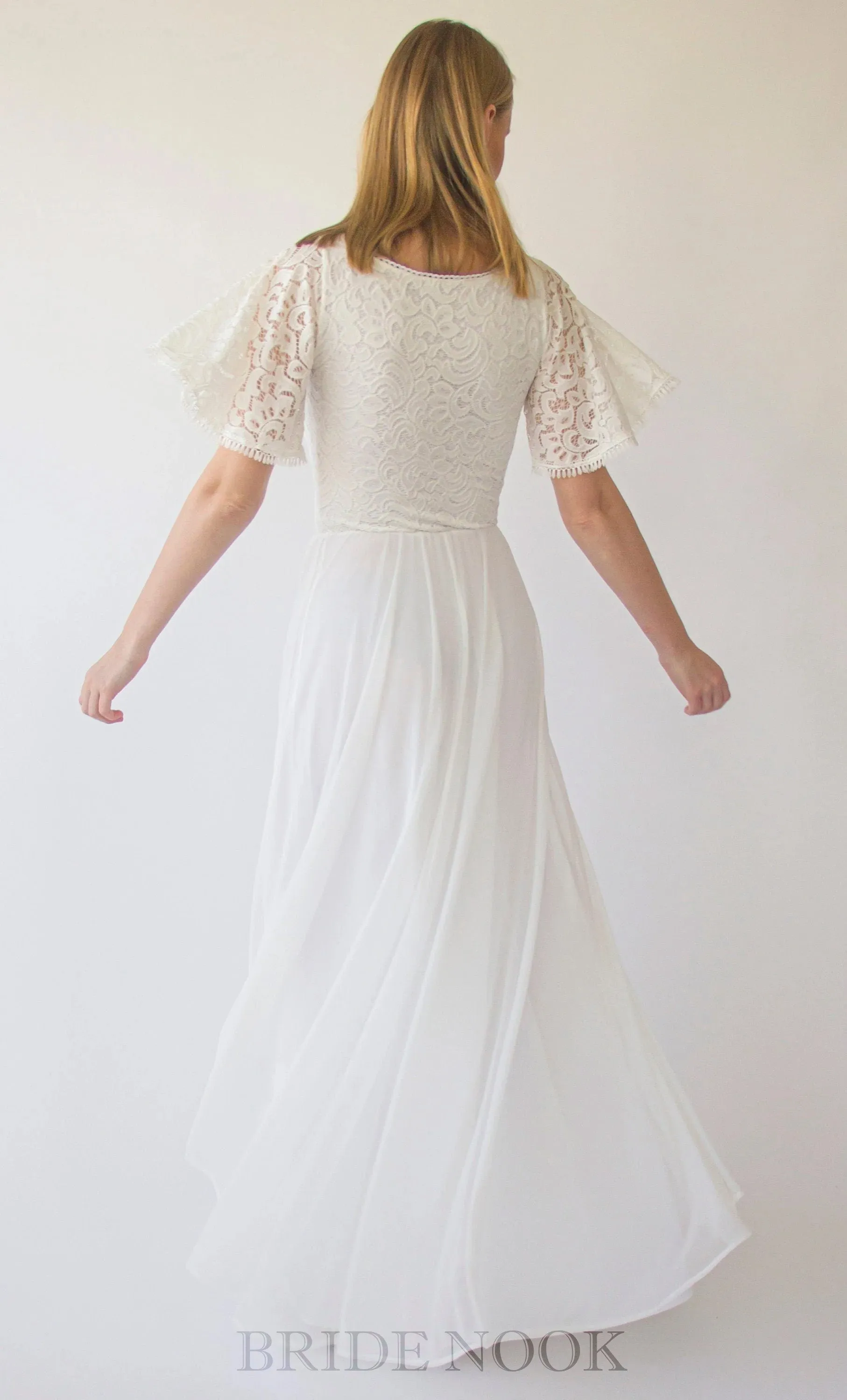 A Line Boho Lace Wedding Dress With Short Sleeves & Chiffon Maxi Skirt