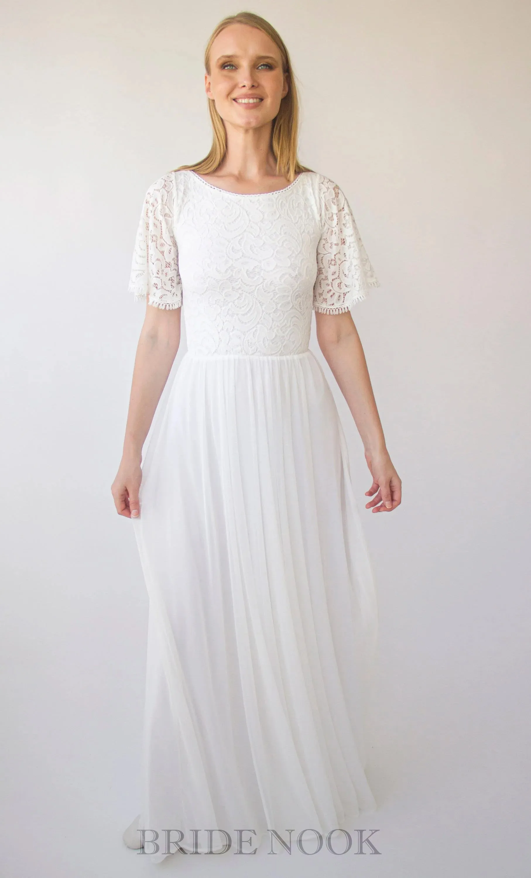 A Line Boho Lace Wedding Dress With Short Sleeves & Chiffon Maxi Skirt