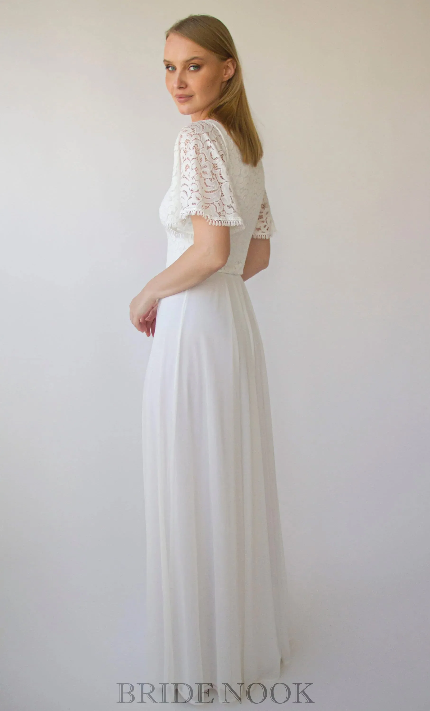 A Line Boho Lace Wedding Dress With Short Sleeves & Chiffon Maxi Skirt