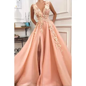 A-line V-neck Tulle Appliques Long Prom Dress with Slit