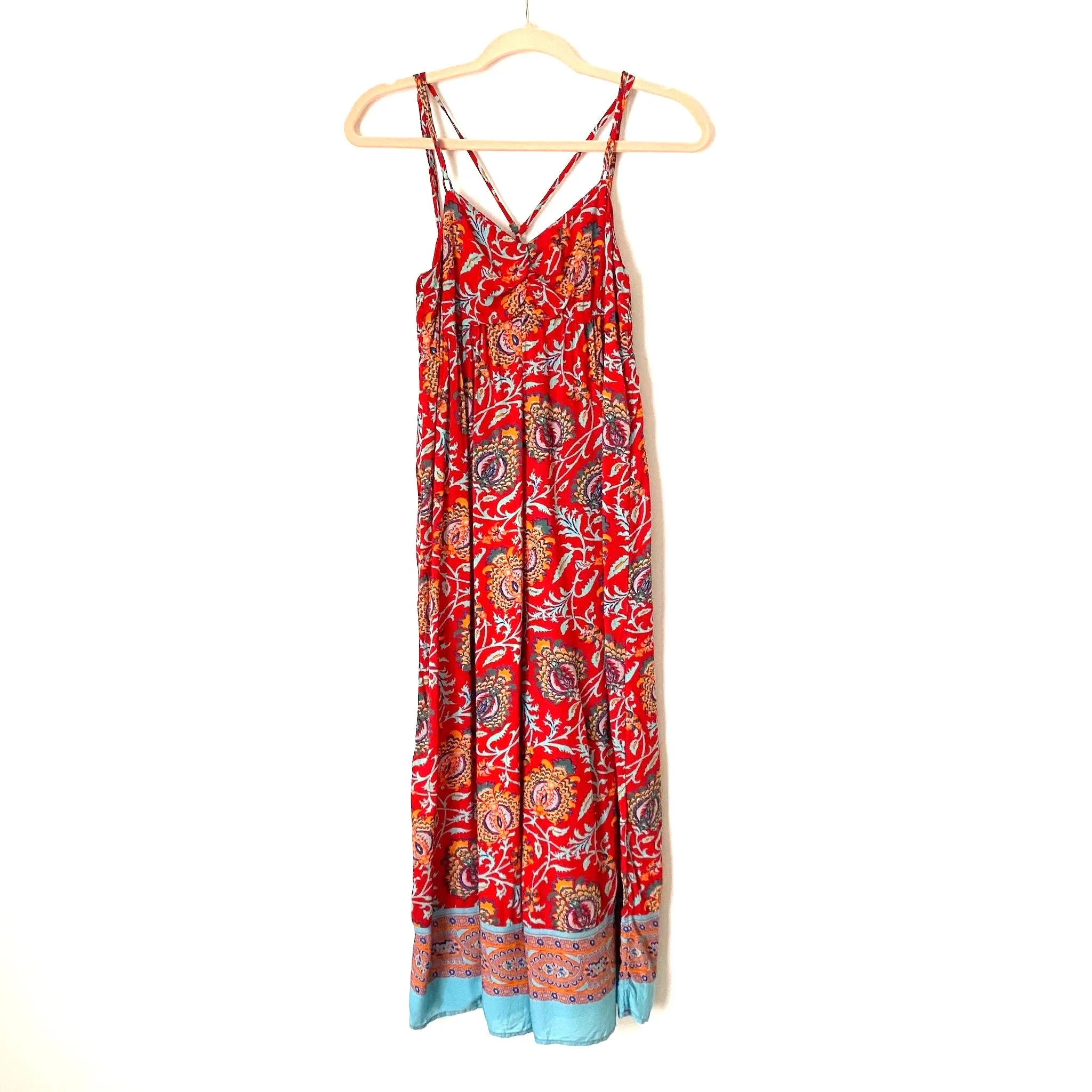 Anthropologie Red Floral Smocked Back Cropped Wide Leg Jumpsuit- Size XS