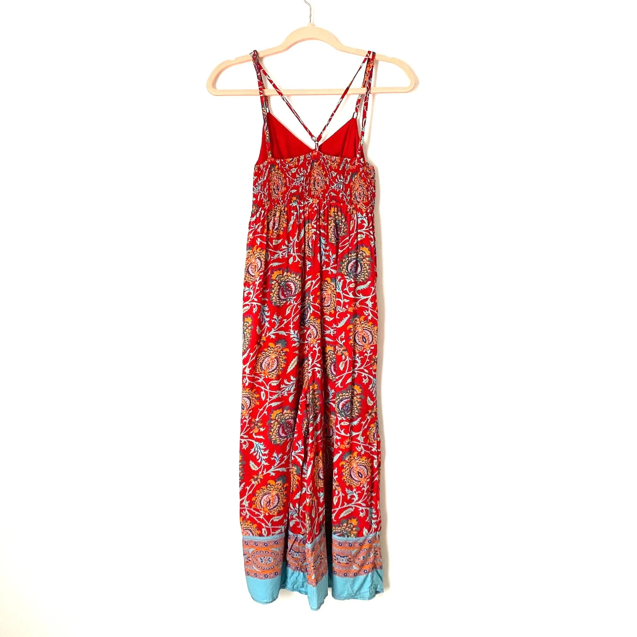 Anthropologie Red Floral Smocked Back Cropped Wide Leg Jumpsuit- Size XS