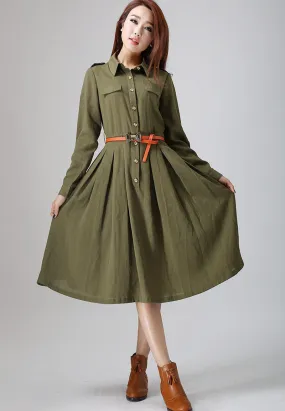 Army Green dress woman linen dress custom made midi dress 0797#