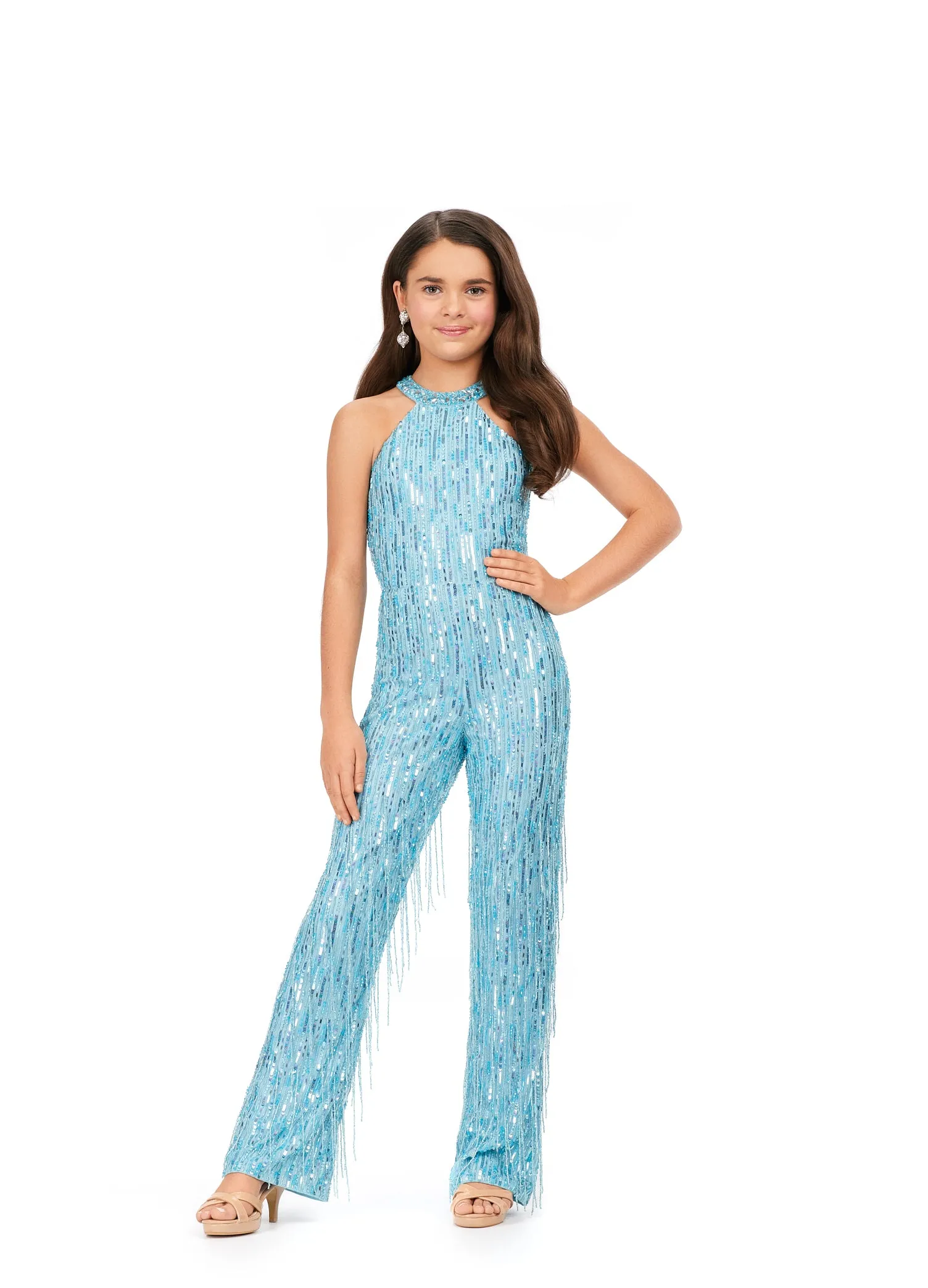 Ashley Lauren Kids 8194 Girls Pageant Jumpsuit Fully Beaded Halter Top Fringe Jumpsuit