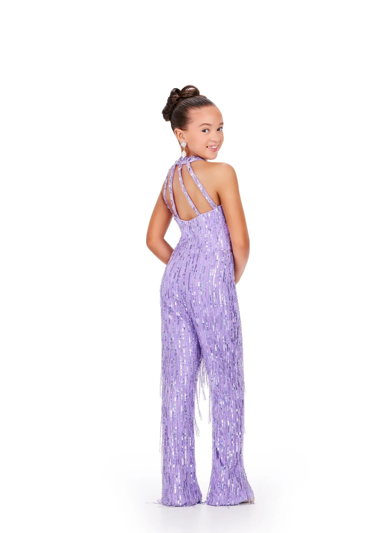 Ashley Lauren Kids 8194 Girls Pageant Jumpsuit Fully Beaded Halter Top Fringe Jumpsuit