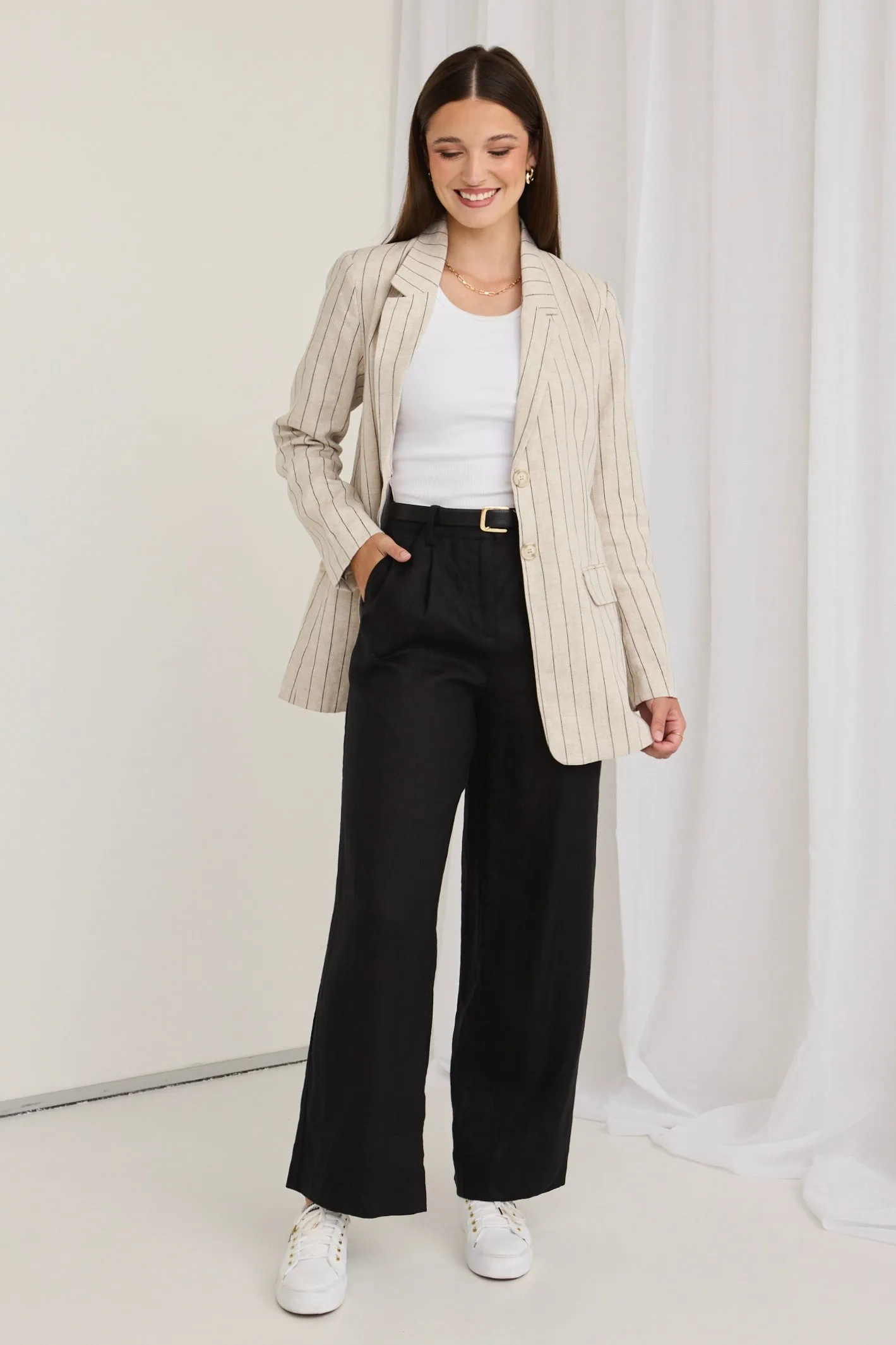 Aster Natural Pinstripe Linen Single Breasted Longline Blazer