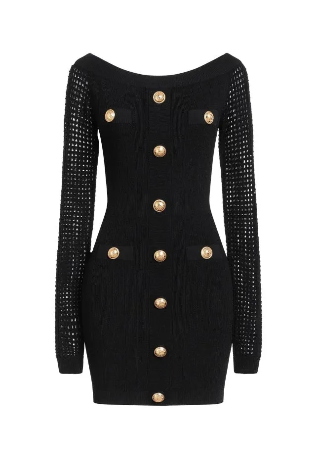 BALMAIN OFF THE SHOULDER MESH KNIT DRESS