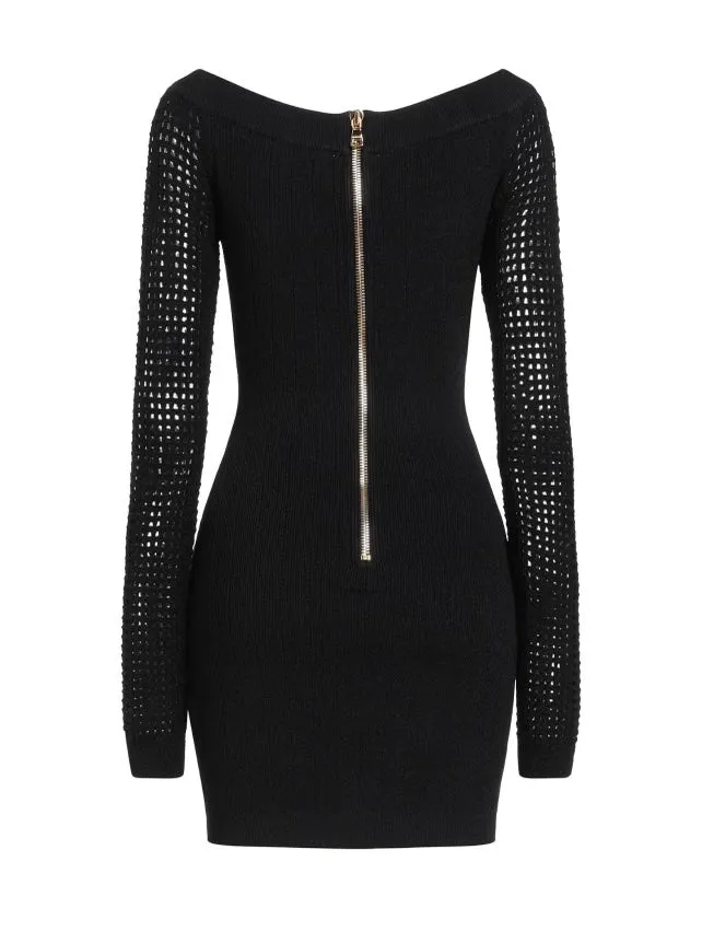 BALMAIN OFF THE SHOULDER MESH KNIT DRESS