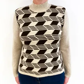 Beige and Chocolate Brown Patterned Cashmere Turtle Neck Jumper Large