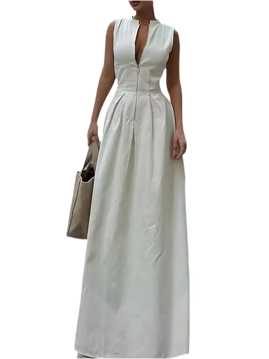 Beige zippered front sleeveless maxi dress