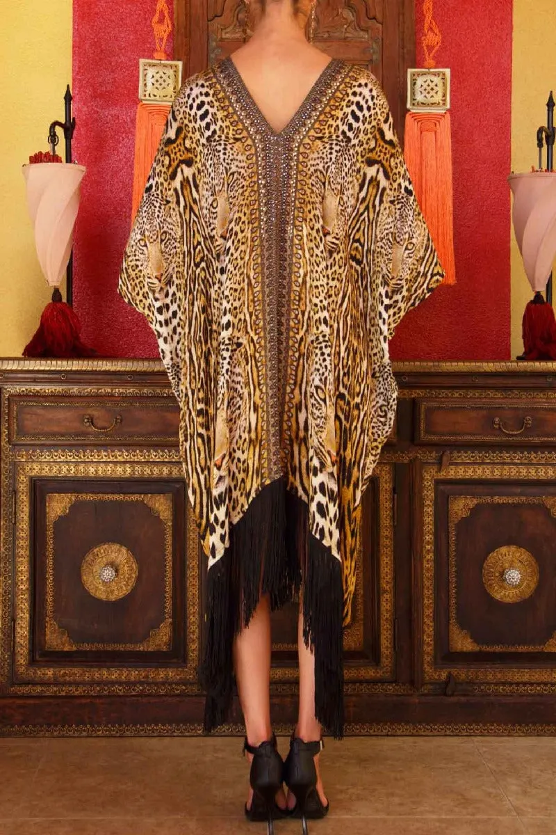 Black and Gold Cheetah Print Fringe Dress