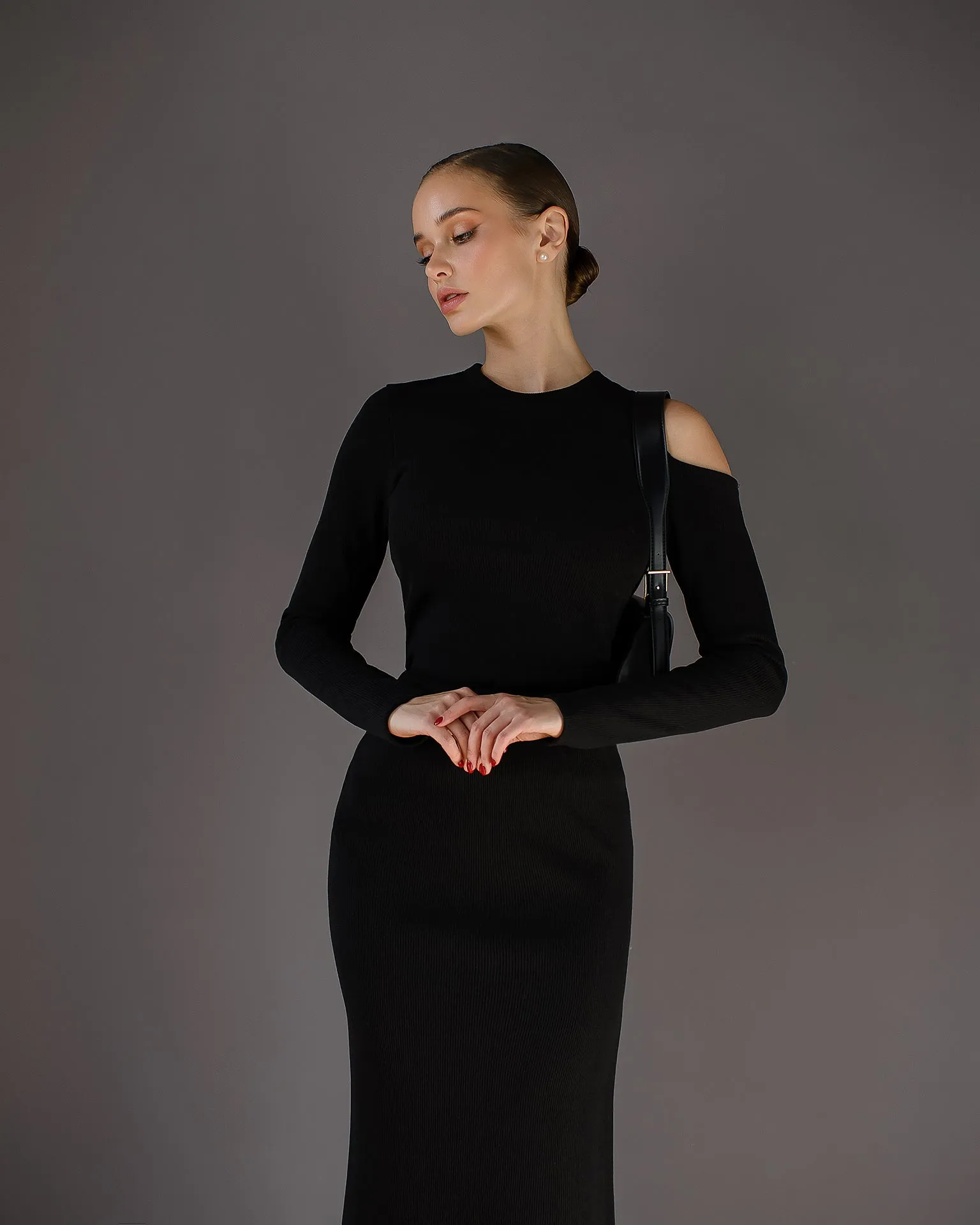 Black Cut-Out Long Sleeve Midi Dress