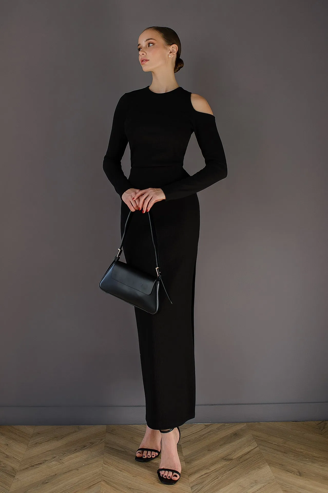 Black Cut-Out Long Sleeve Midi Dress