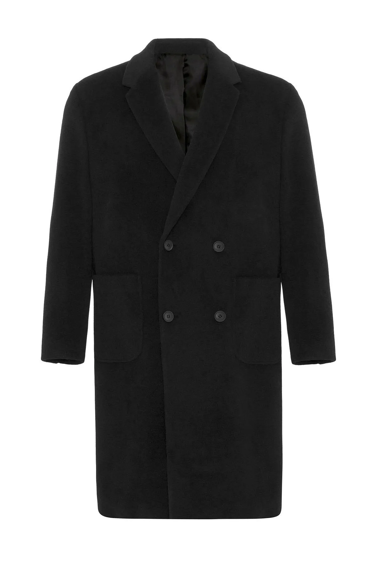 Black Textured Double-Breasted Men's Coat - Wessi