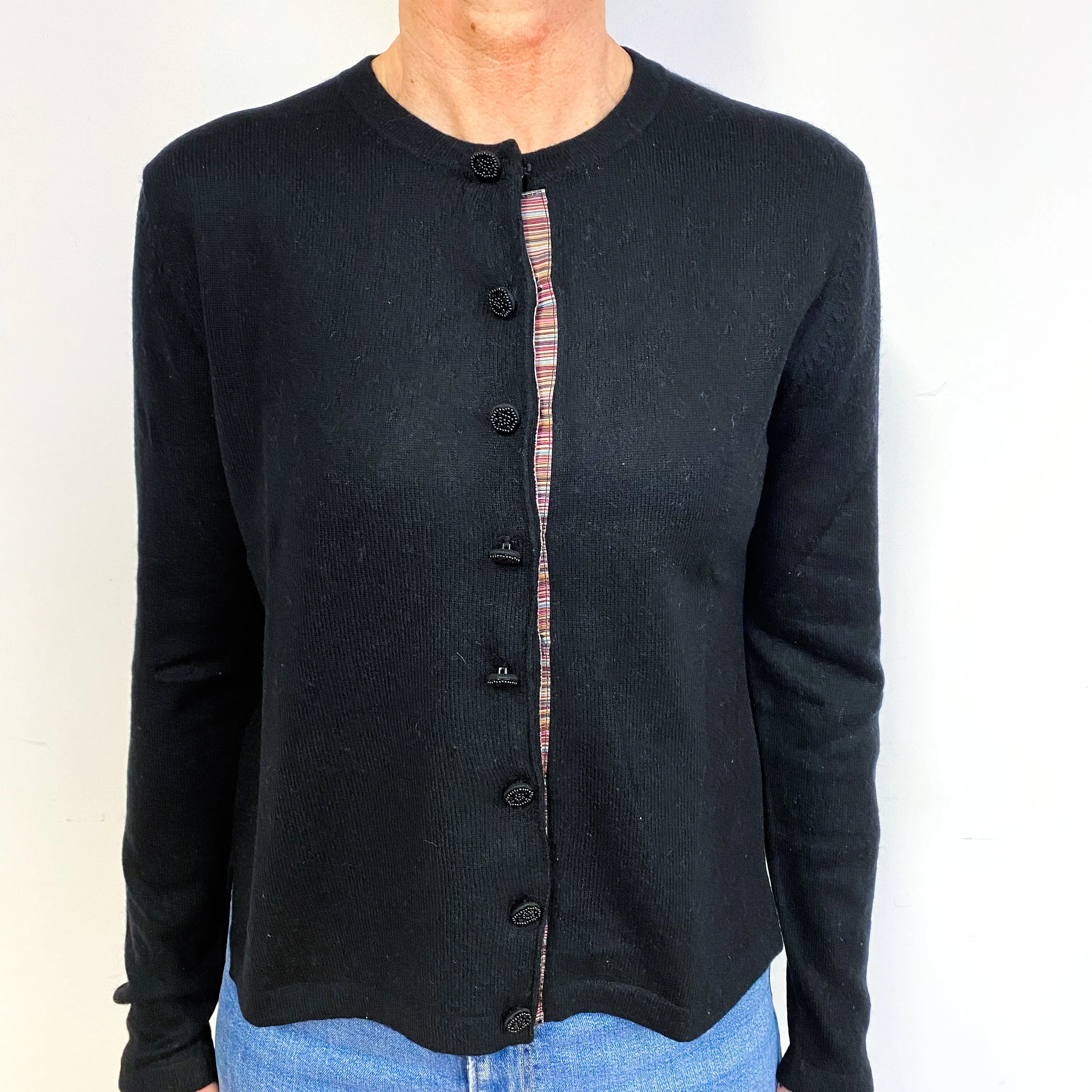 Black Trimmed Cashmere Crew Neck Cardigan Medium