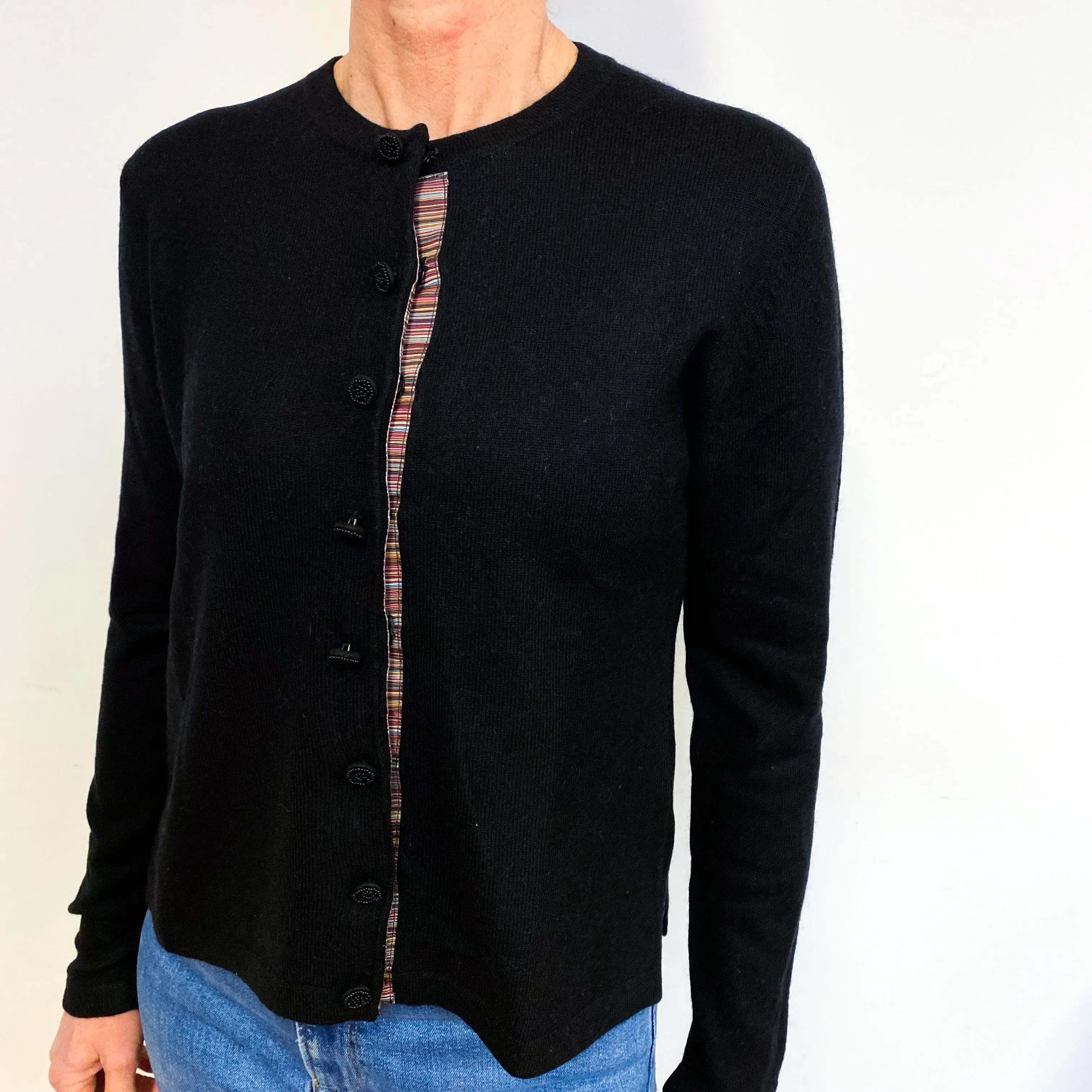 Black Trimmed Cashmere Crew Neck Cardigan Medium