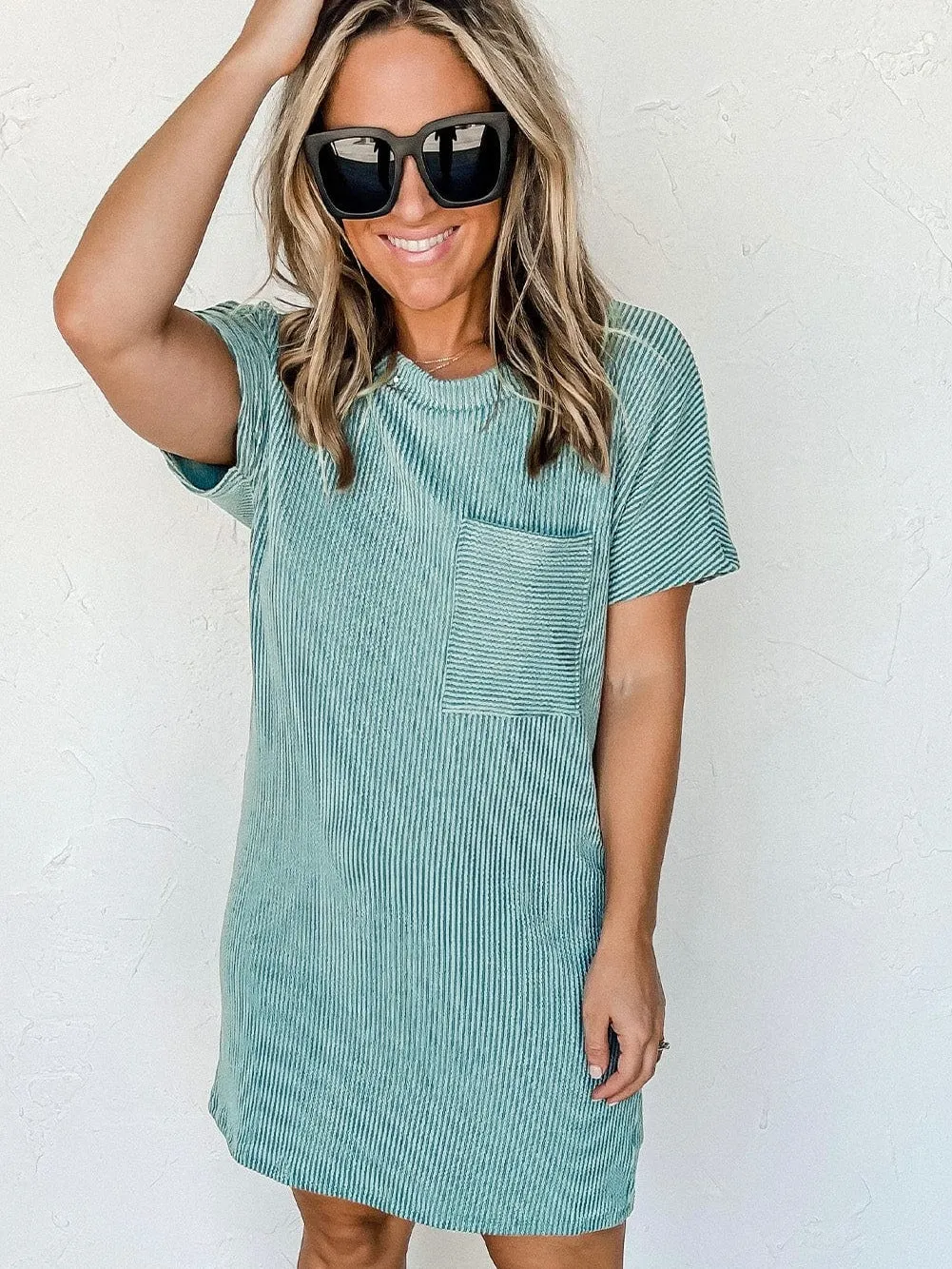 Blue Ribbed Knit T-shirt Dress with Chic Stripes