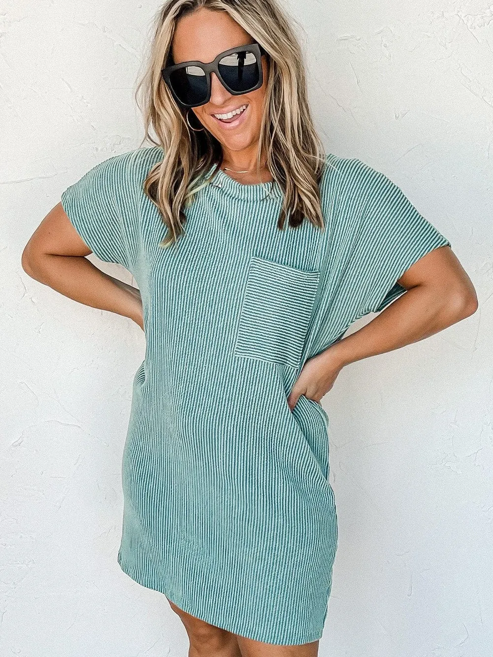 Blue Ribbed Knit T-shirt Dress with Chic Stripes