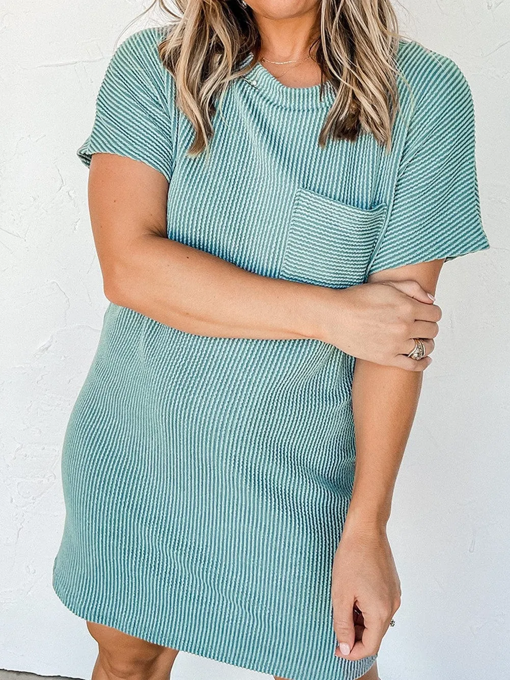 Blue Ribbed Knit T-shirt Dress with Chic Stripes