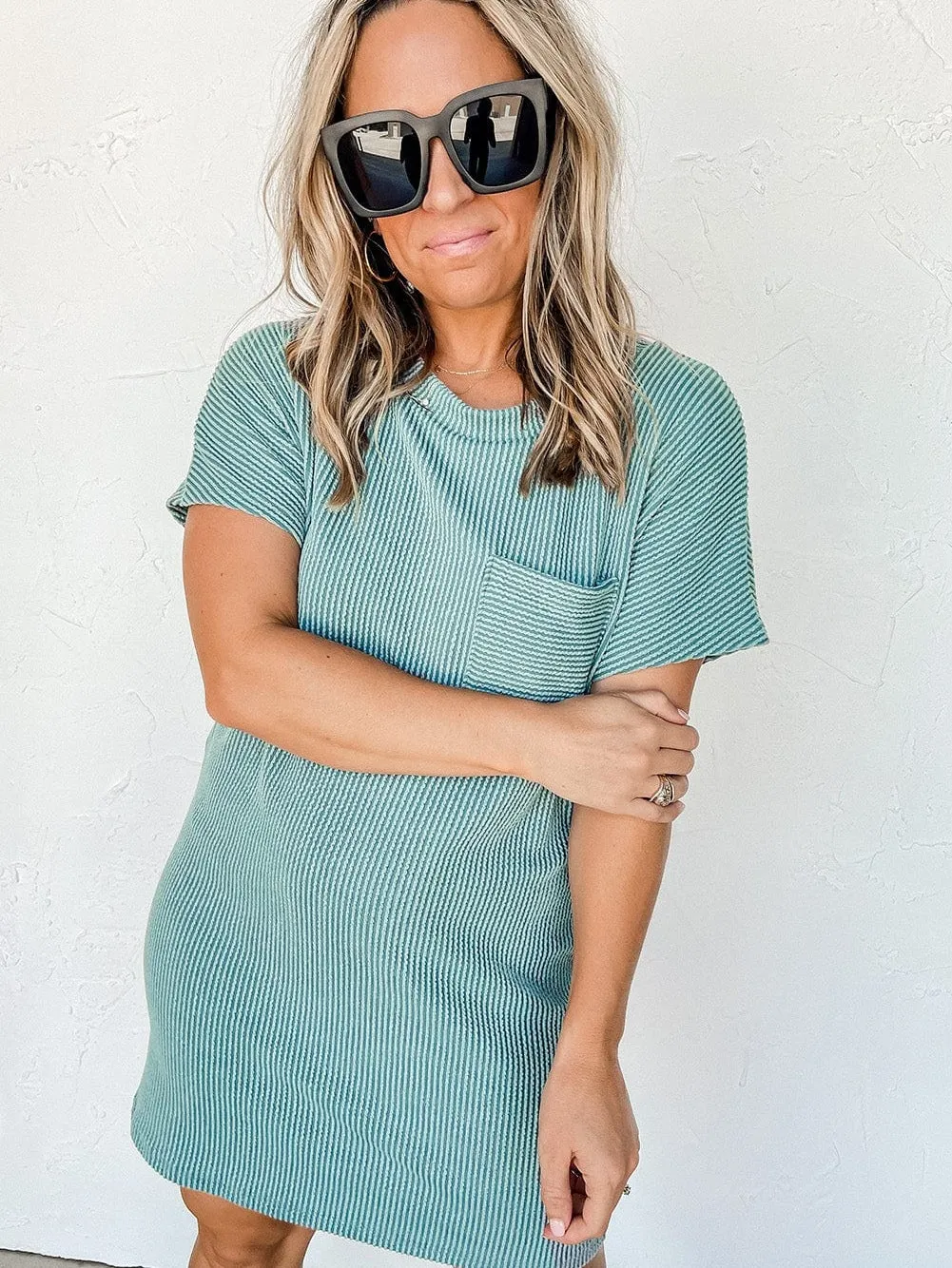 Blue Ribbed Knit T-shirt Dress with Chic Stripes