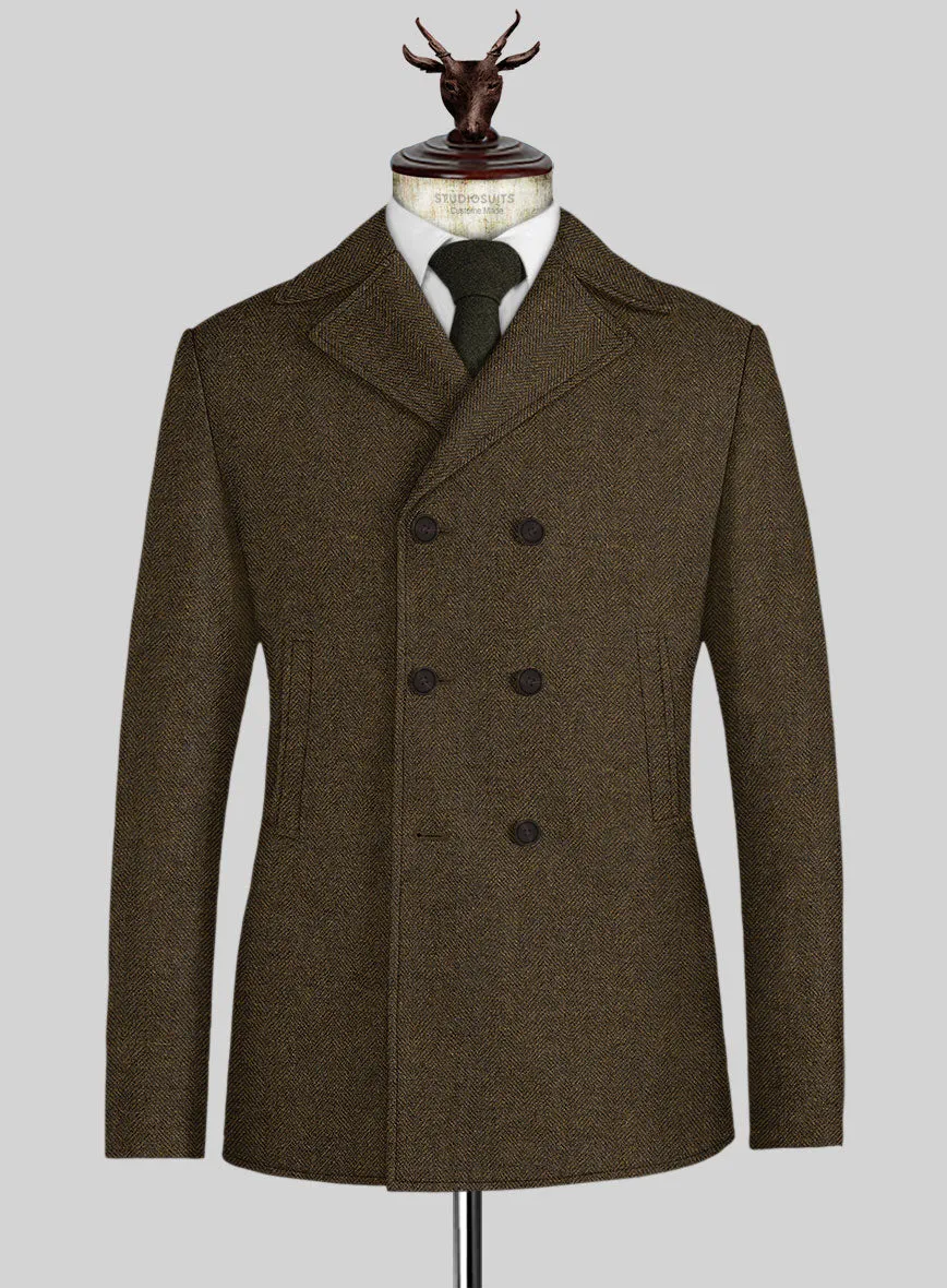 Bottle Brown Herringbone Tweed Pea Coat