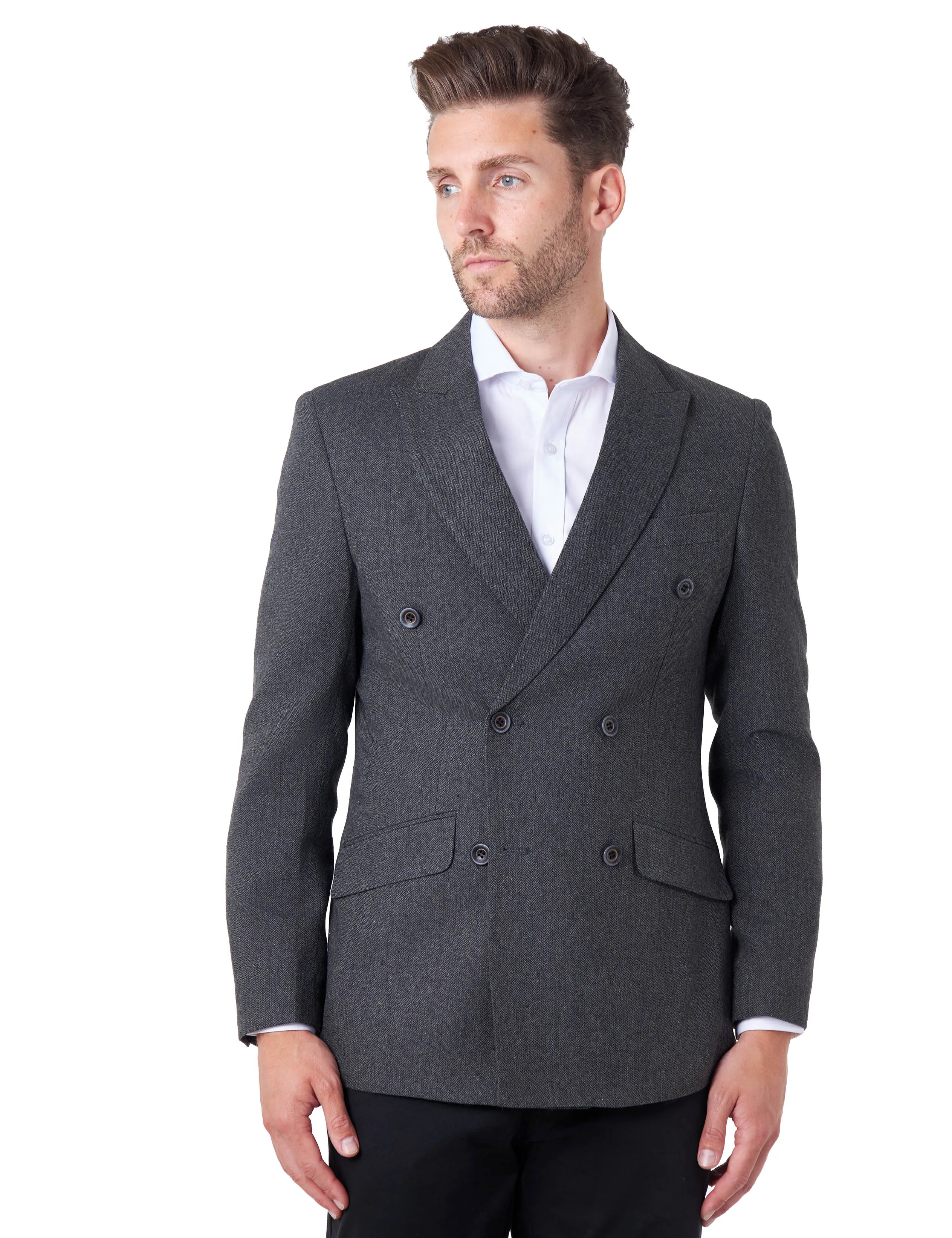 CALIX – Dark Grey Herringbone Tailored Double Breasted Blazer