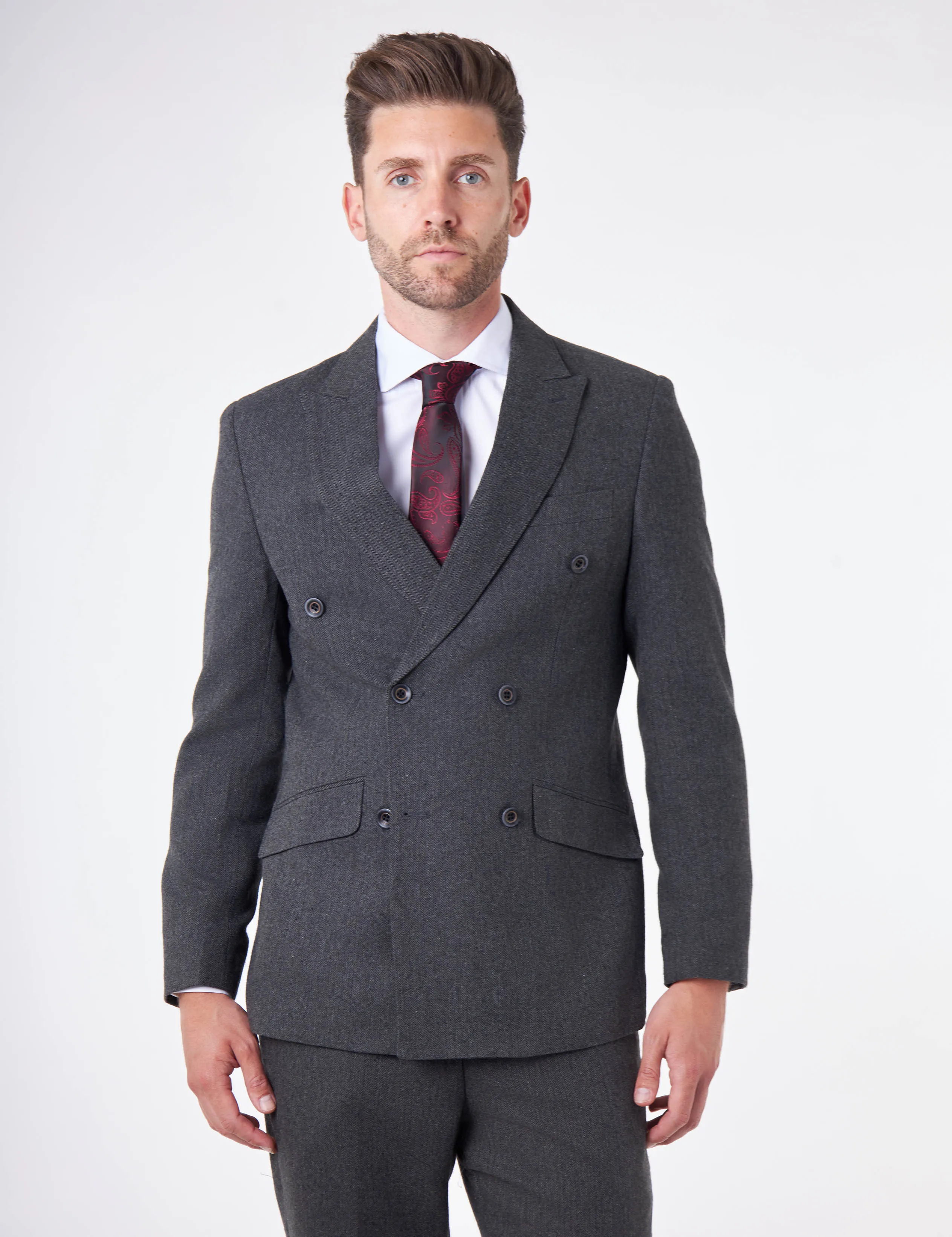 CALIX – Dark Grey Herringbone Tailored Double Breasted Blazer