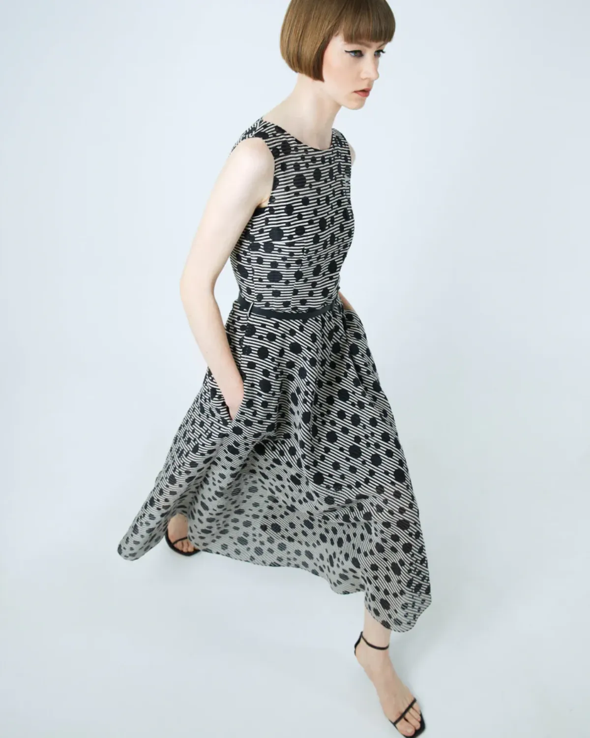 Cashew and Black Jacquard Dot Midi Dress