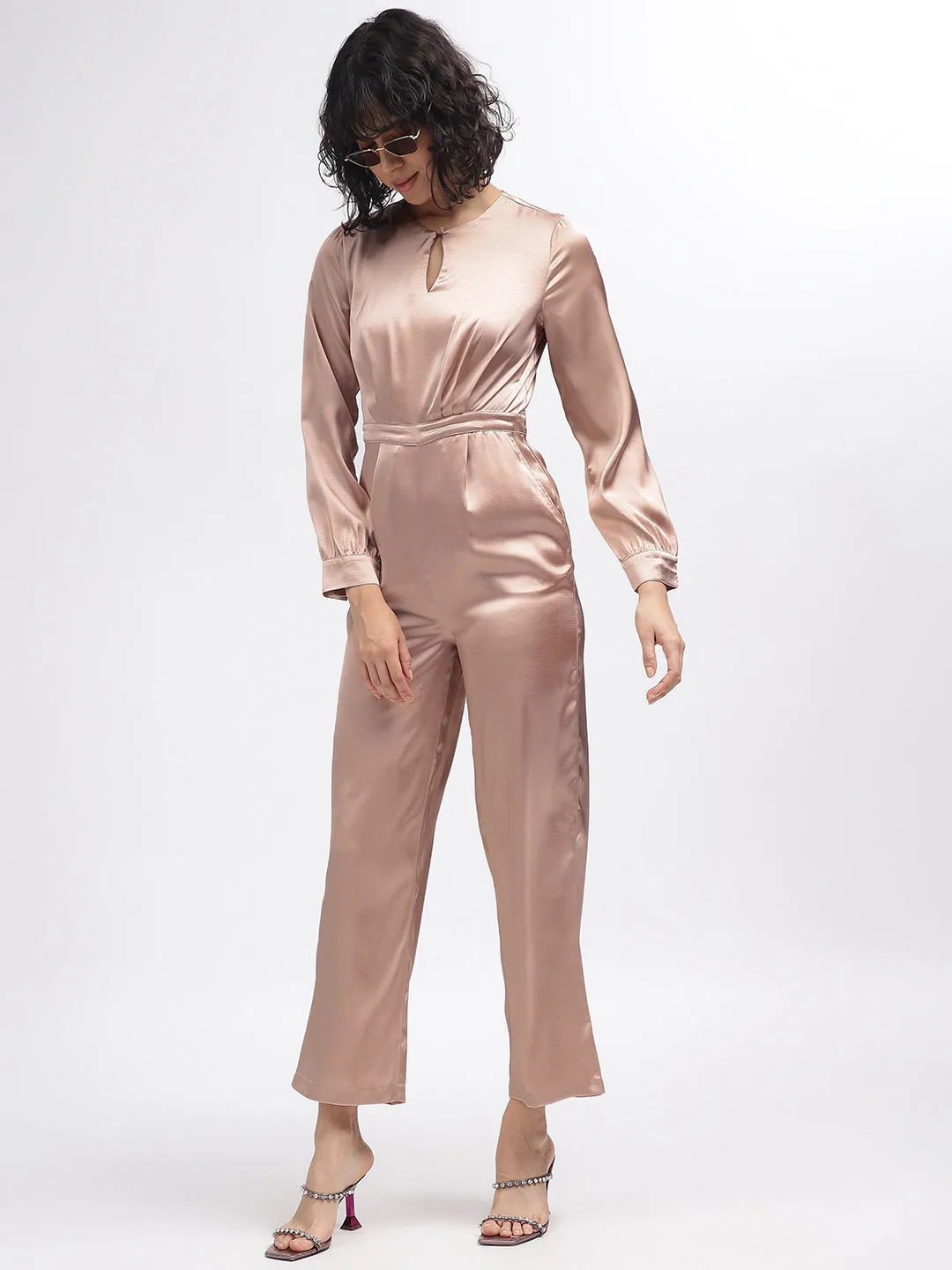 Centre Stage Women Beige Solid Keyhole Neck Full Sleeves Jumpsuit