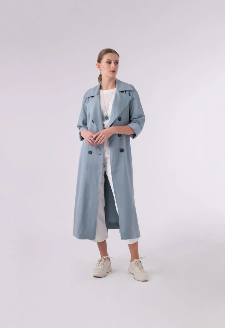 Choice Double Breasted 6-Button Notched Lapel Trench Coat Blue