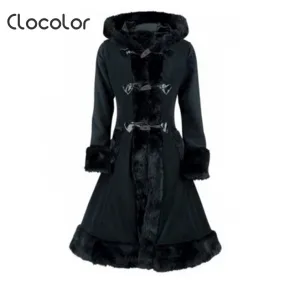 Clocolor Women Black Hooded Winter Wool Coat Full Sleeve Autumn Winter Warm Female Long Cloaks Outwear Back Lace Up Wool Coat