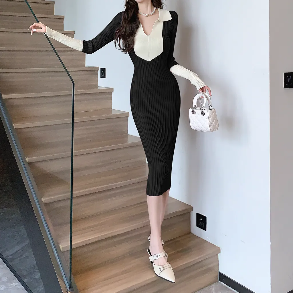 Color Matching Lapel Slim Long Sleeve Knitted Dress