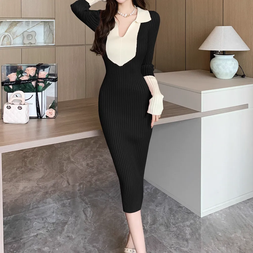 Color Matching Lapel Slim Long Sleeve Knitted Dress