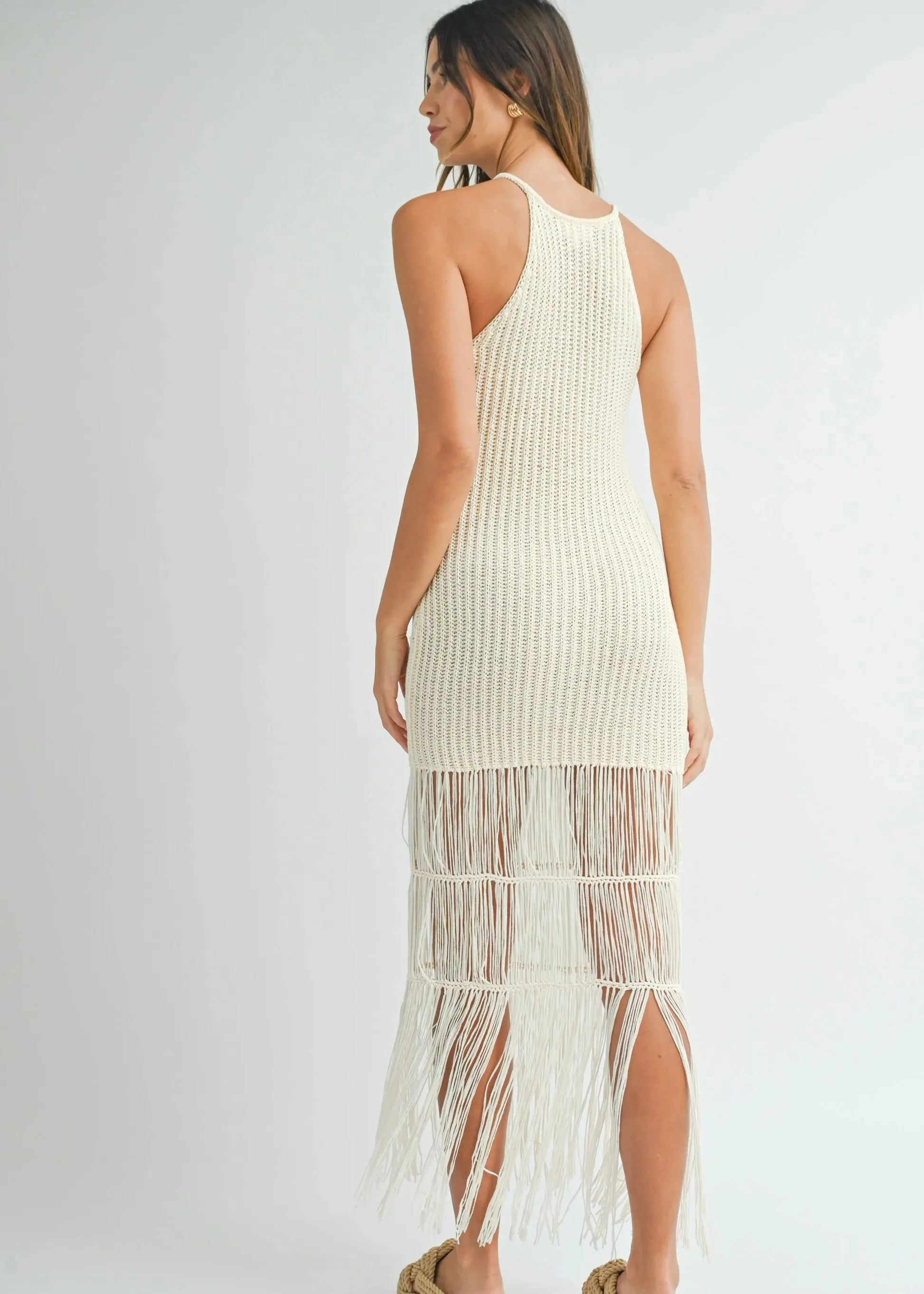 Crochet Knit Halter Fringe Midi Dress