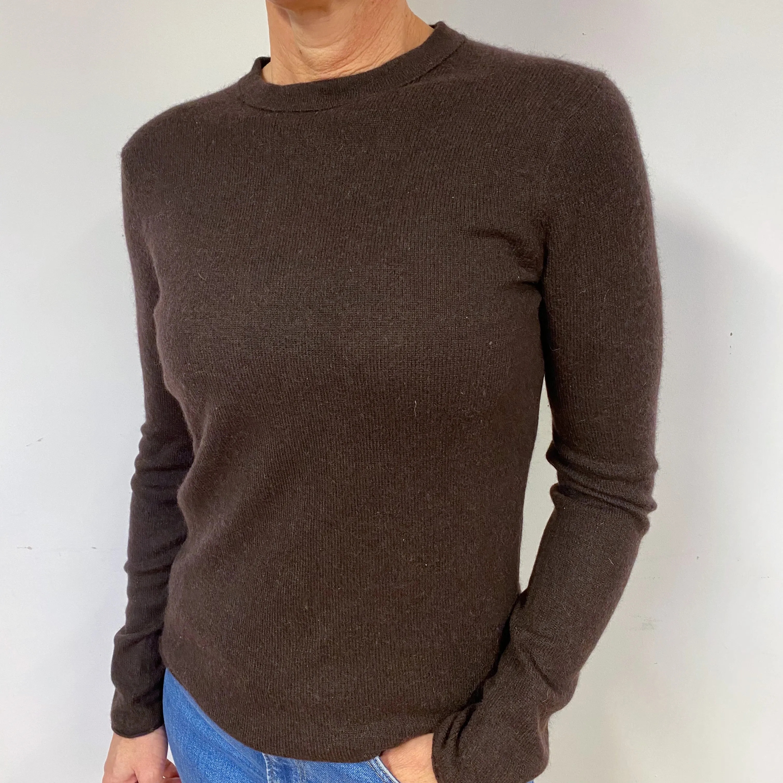 Dark Chocolate Brown Cashmere Crew Neck Jumper Medium