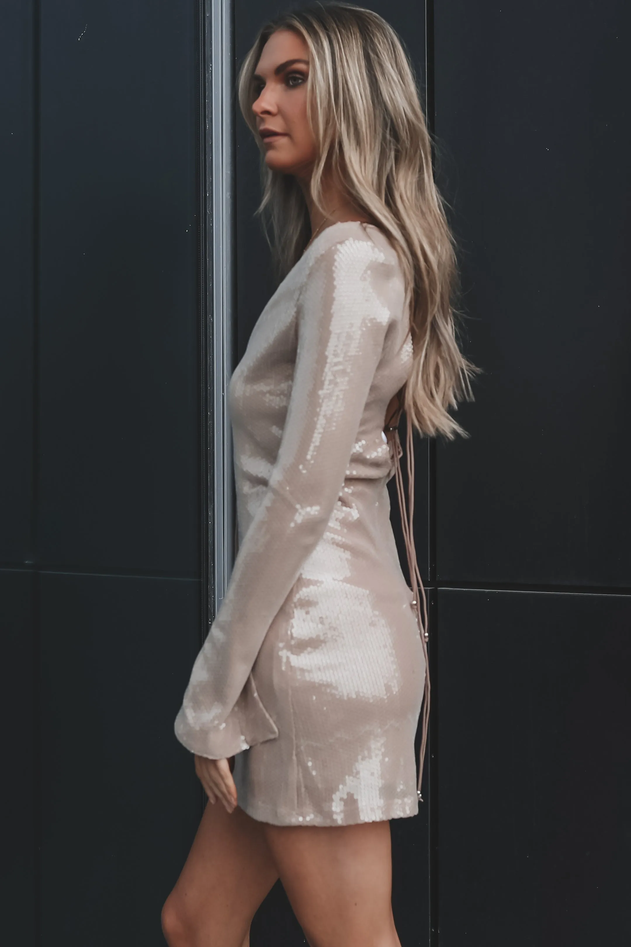 DEAL Written In The Stars Beige Sequin Long Sleeve Dress