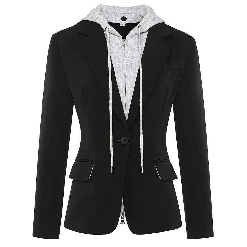 Detachable Hooded Blazer Women - Casual - Plain-Solid