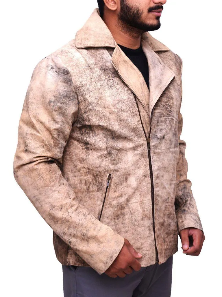 Distressed Brown Biker Jacket For Men