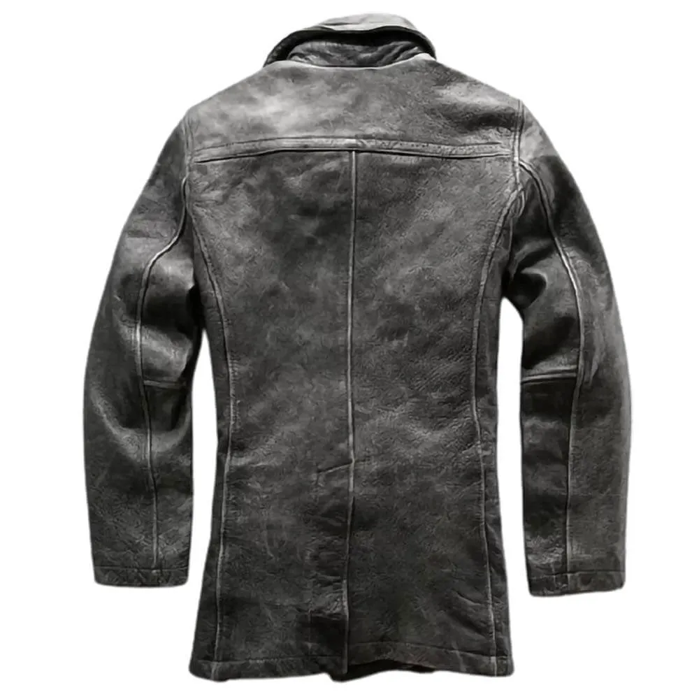 Double Breasted Distressed Grey Vintage Wax Pea Coat Genuine Thick Leather Winter Jacket Mens