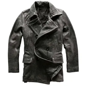 Double Breasted Distressed Grey Vintage Wax Pea Coat Genuine Thick Leather Winter Jacket Mens