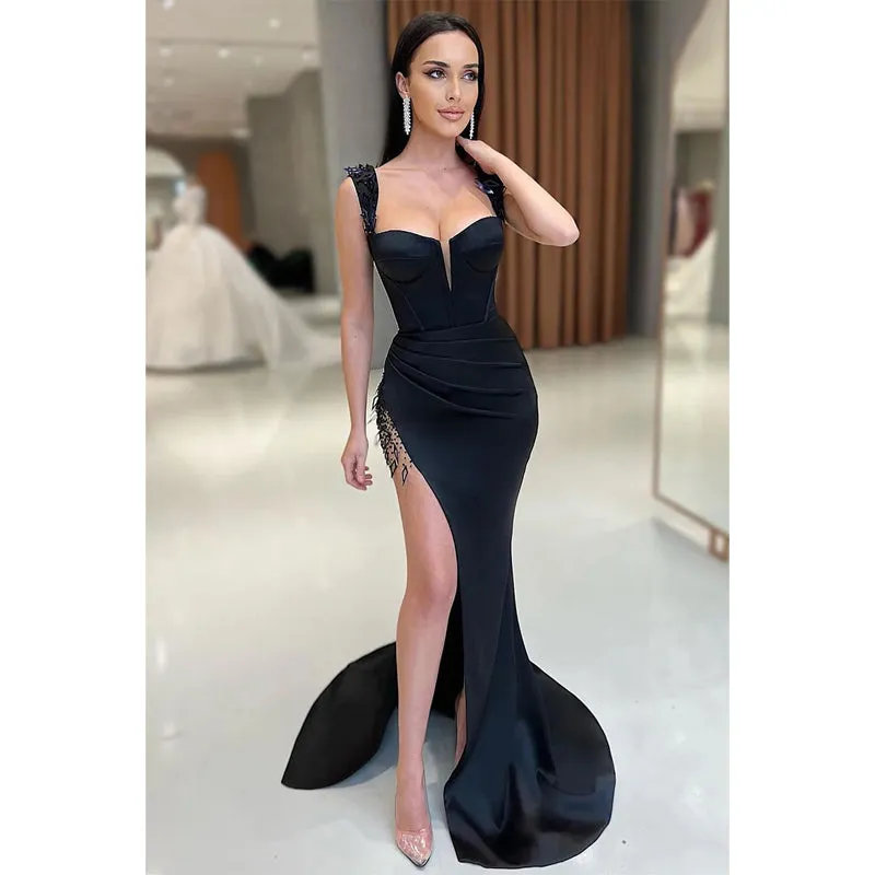 Double Straps Beads High Split Black Formal Evening Dress