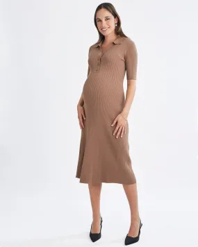 Eleanor Elegance Knit Maternity Midi Dress in Camel