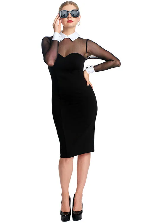 Elegant Tuxedo-Inspired Midi Dress with Mesh Sleeves