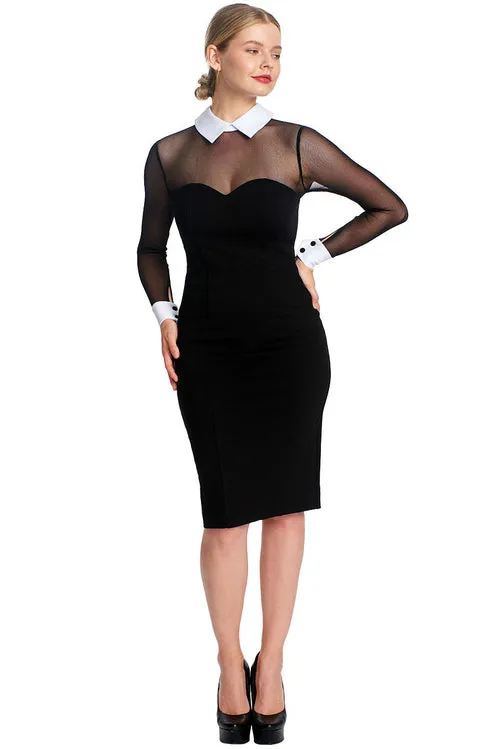 Elegant Tuxedo-Inspired Midi Dress with Mesh Sleeves