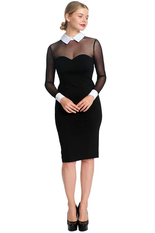 Elegant Tuxedo-Inspired Midi Dress with Mesh Sleeves