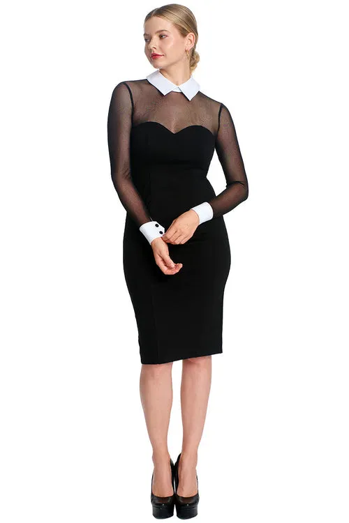 Elegant Tuxedo-Inspired Midi Dress with Mesh Sleeves